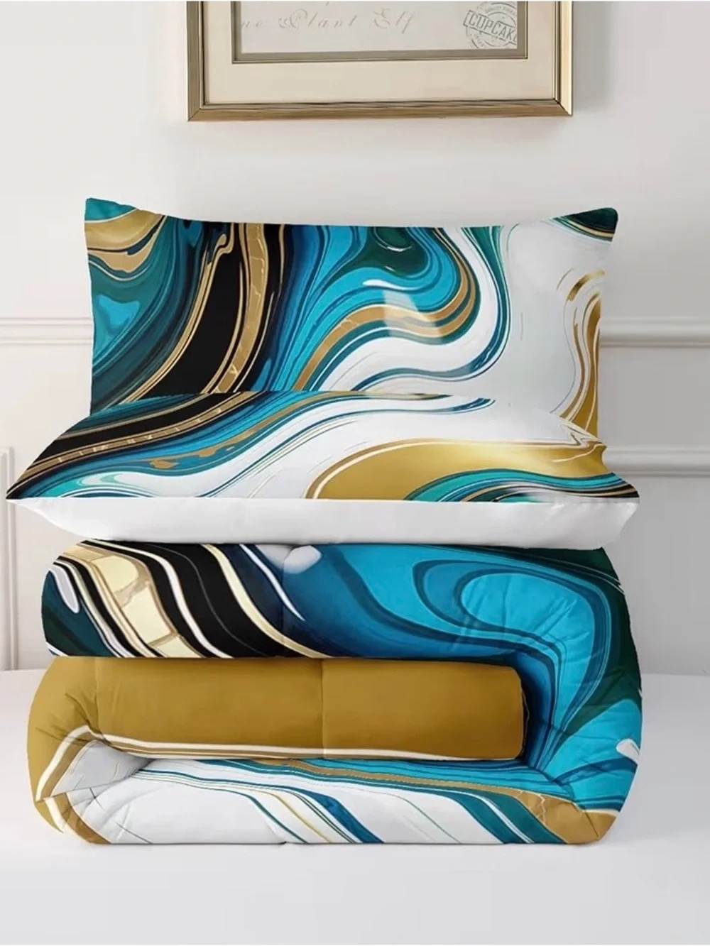 Twin size Modern Marble Wave Comforter Set in Teal, Gold & Black